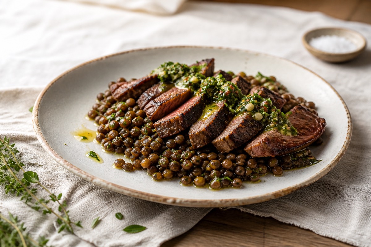 Seared steak with chimichurri & warm lentils