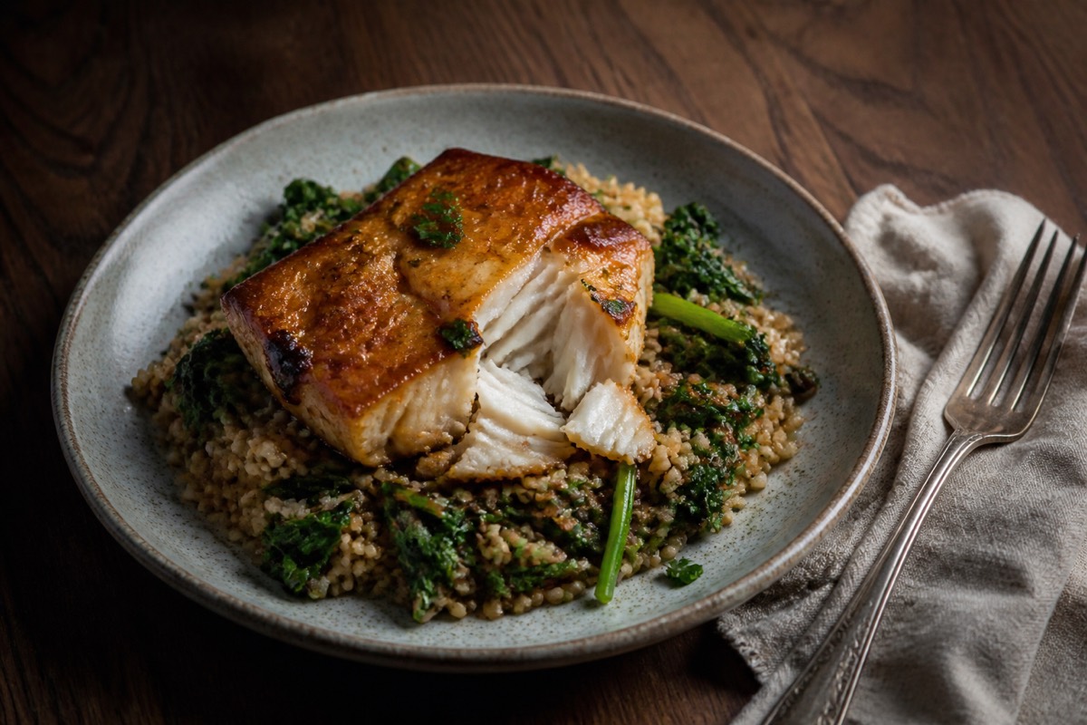Miso-roasted cod with greens & brown rice