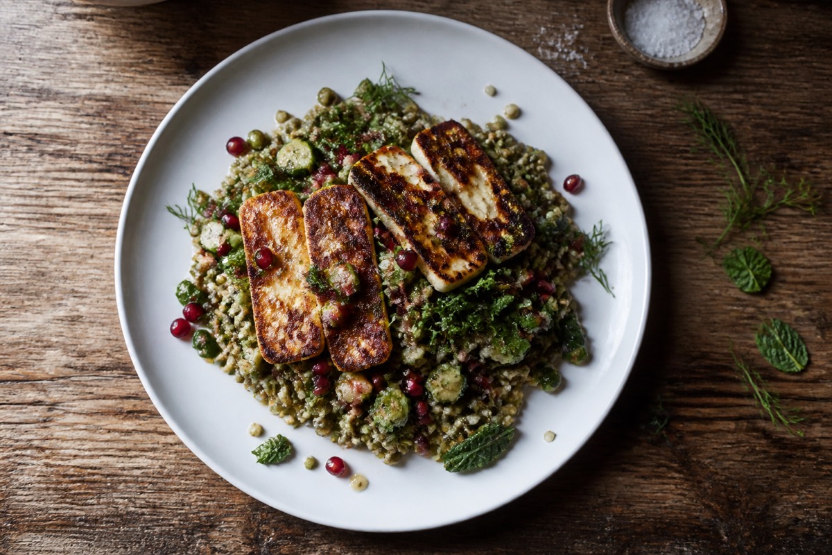 Charred halloumi, freekeh & pomegranate salad