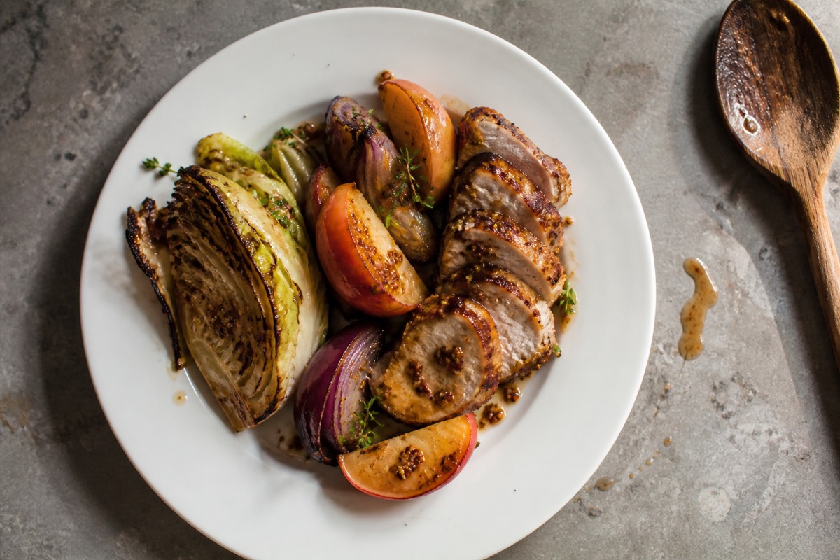 Mustard pork & apple traybake with cabbage wedges