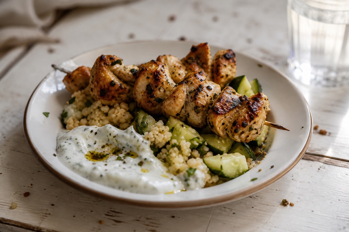 Chicken souvlaki bowls with tzatziki