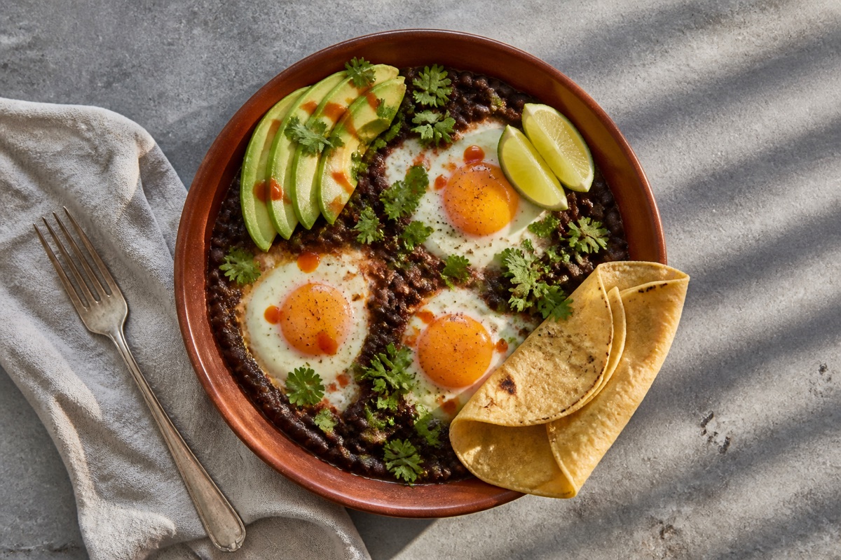 Mexican baked eggs with refried-style beans
