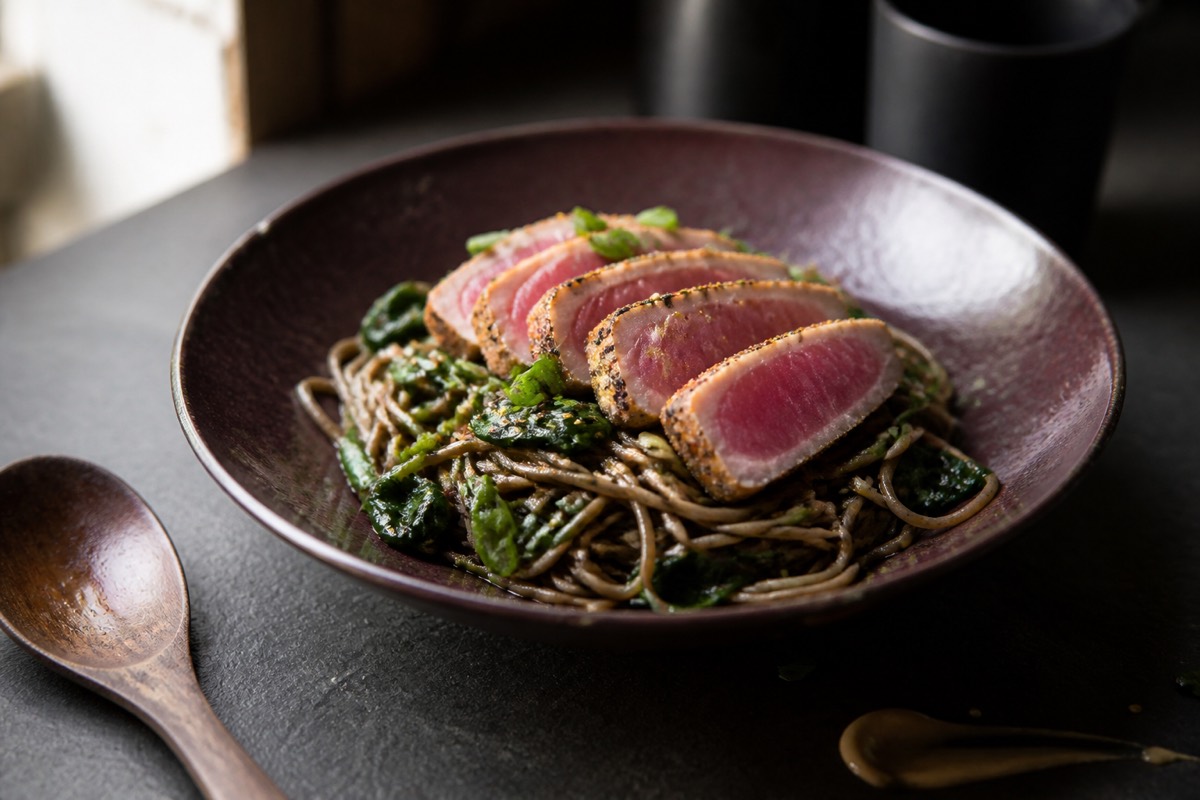 Seared tuna with soba noodles & greens