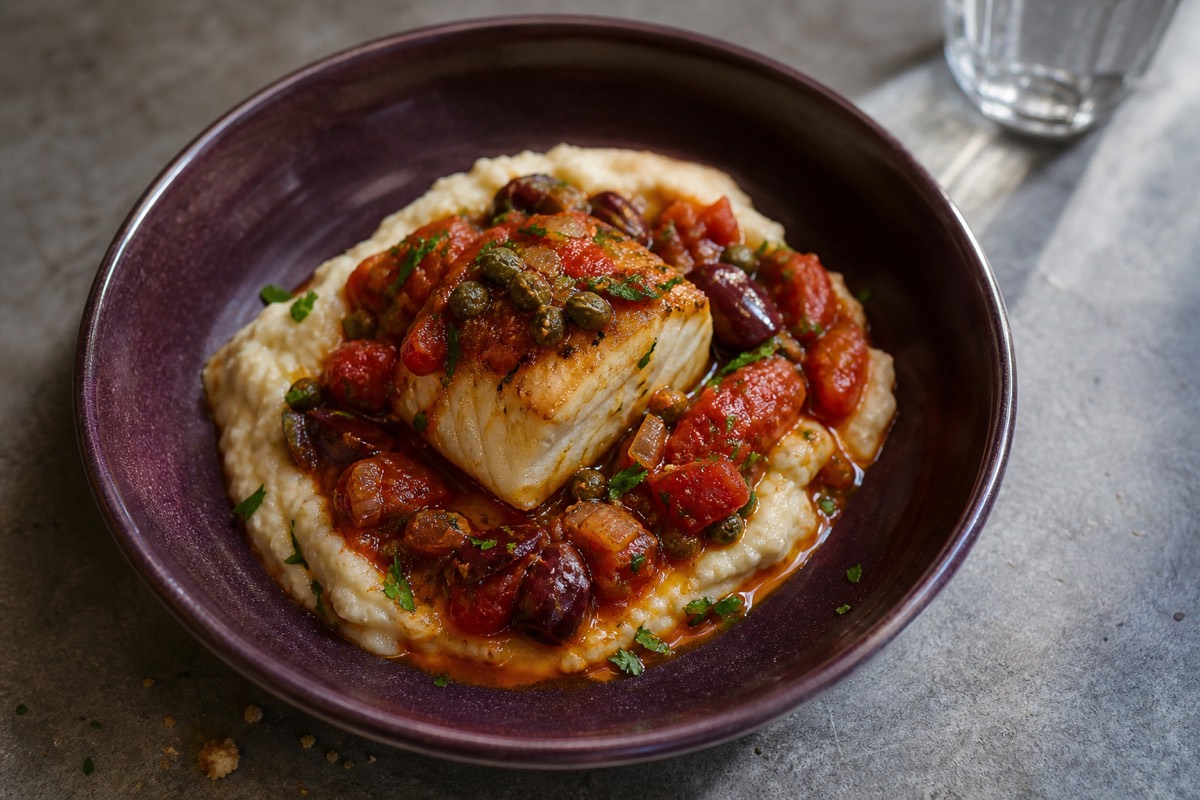 White fish puttanesca with cannellini mash