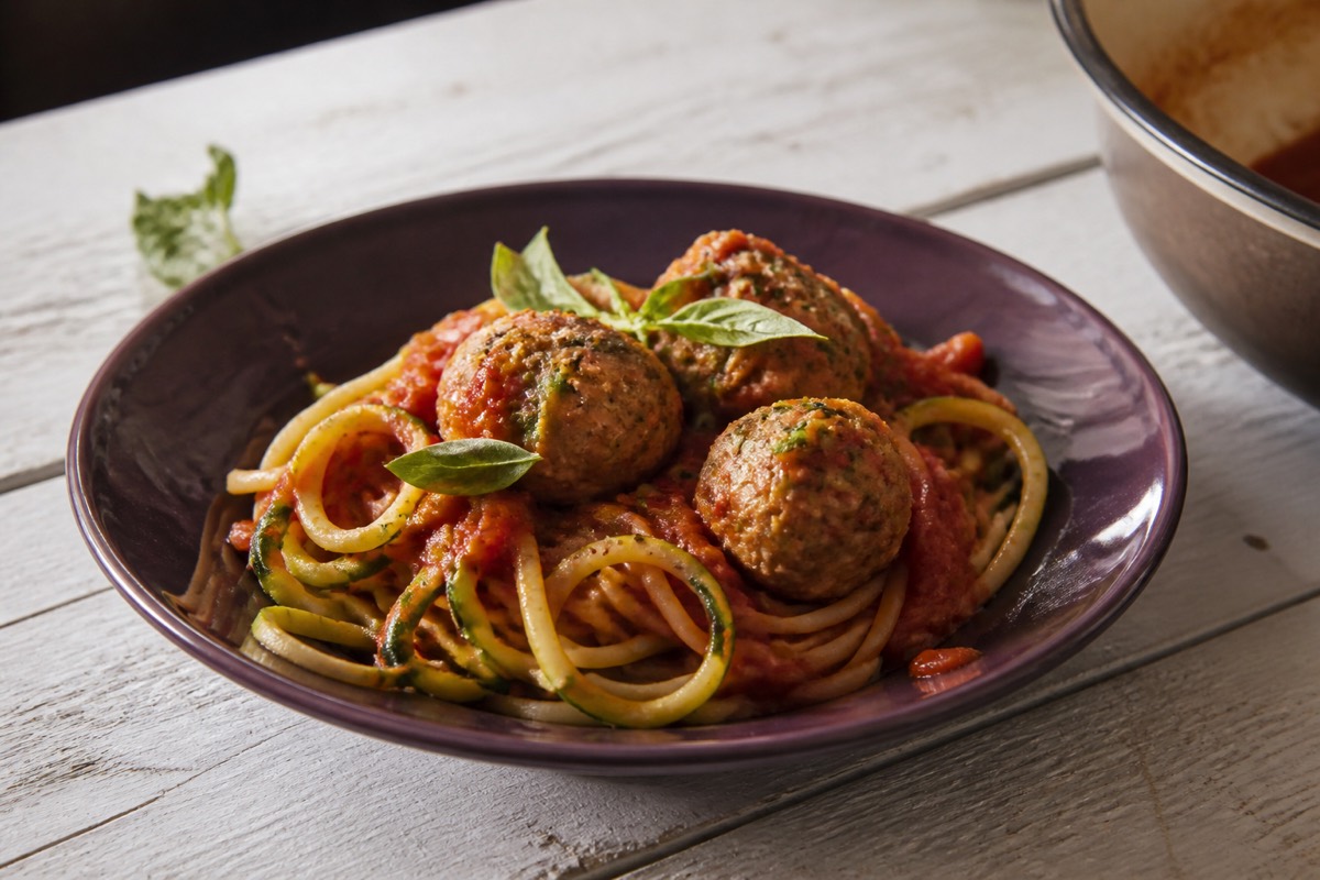 Turkey meatballs with courgetti & wholewheat spaghetti