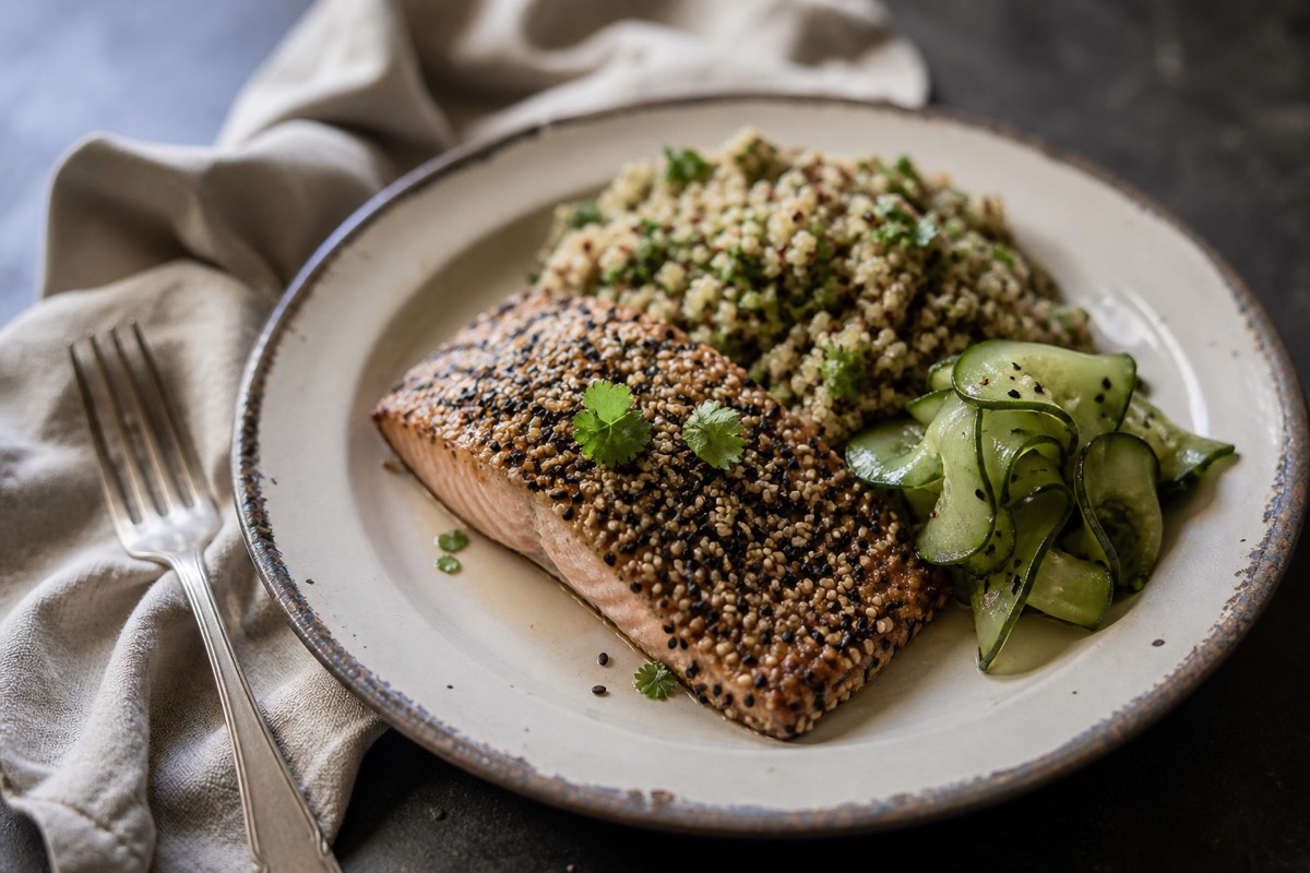 Sesame-crusted salmon with quinoa & pickled cucumber
