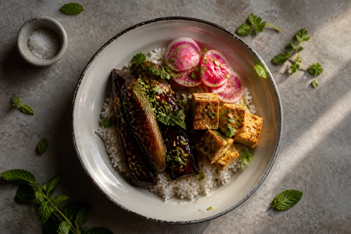 Miso-glazed aubergine & crispy tofu rice bowl