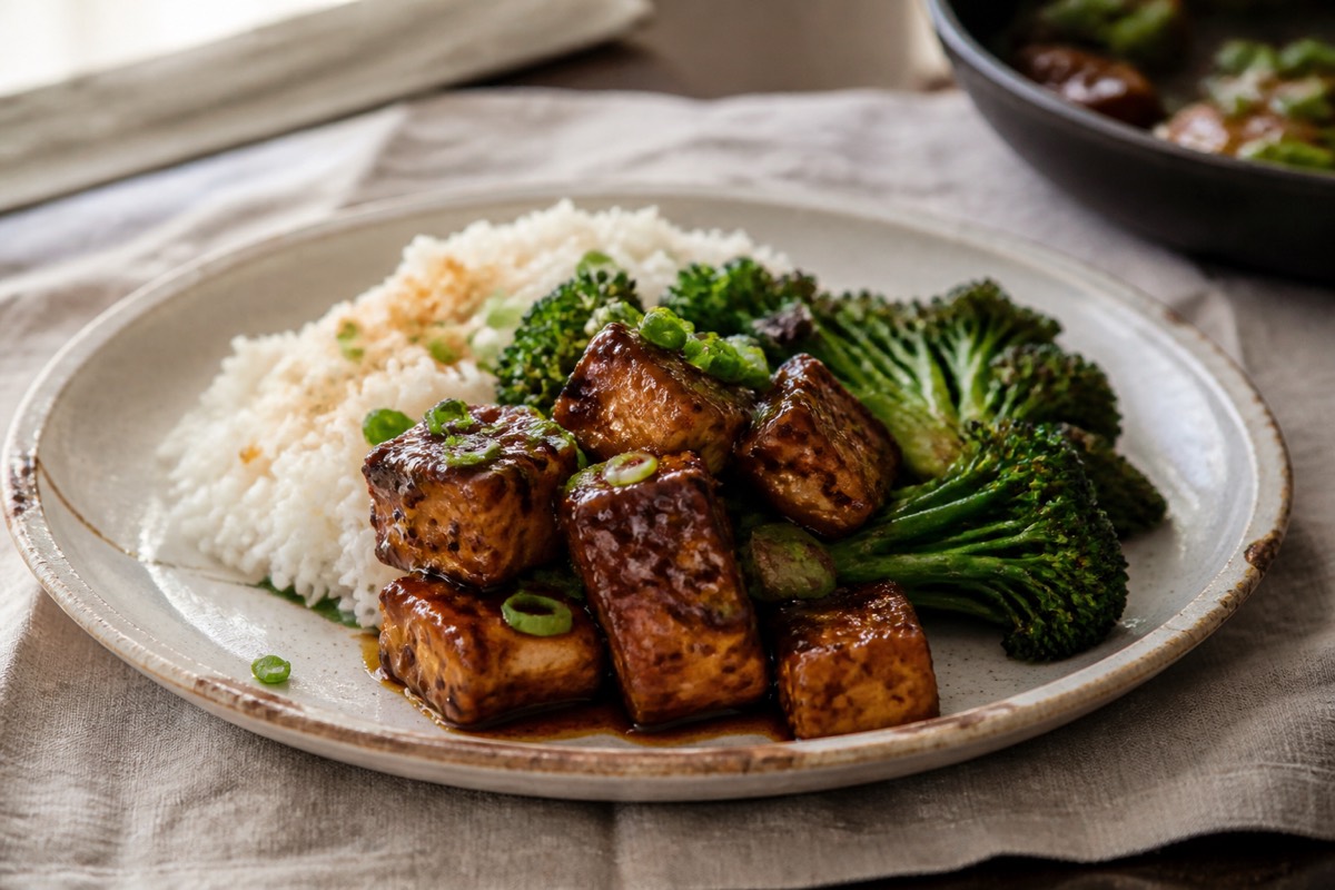 Sticky teriyaki tofu with sprouting broccoli