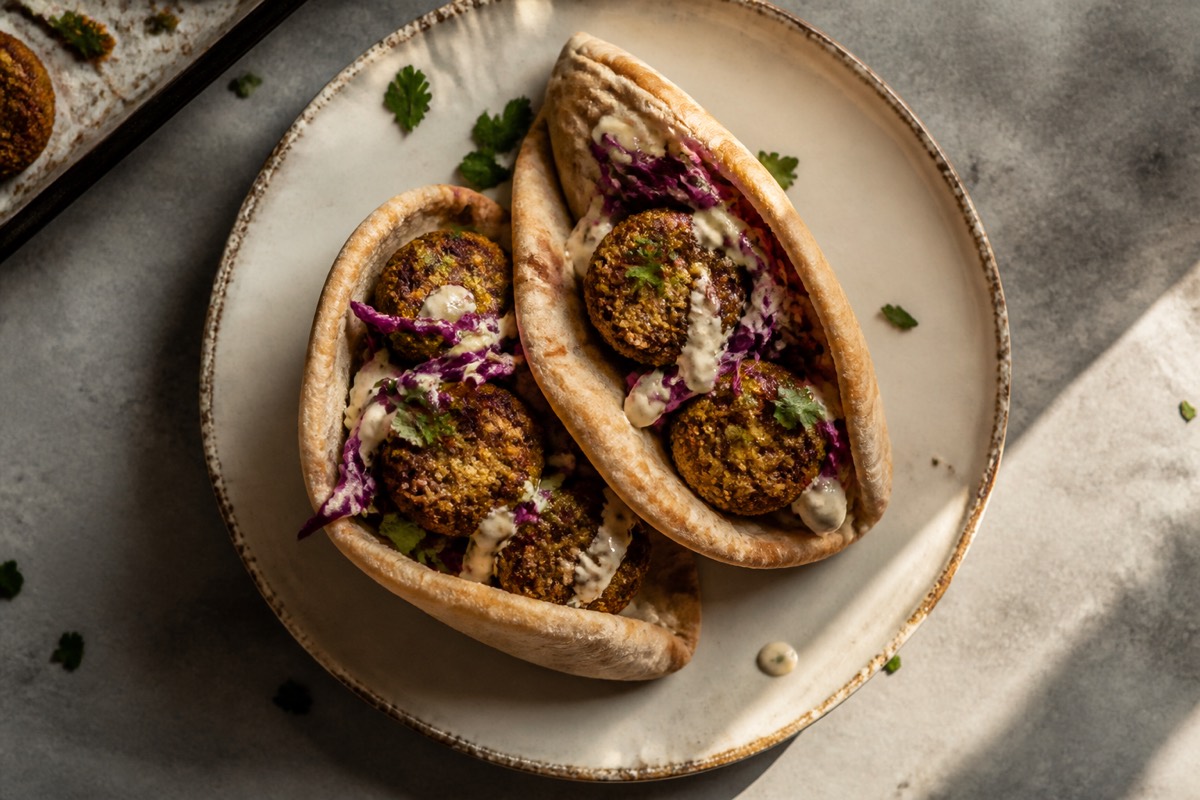 Baked flaxseed falafel with tahini slaw