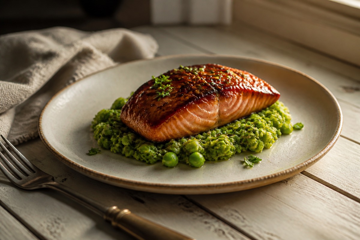 Soy-glazed salmon with edamame smash