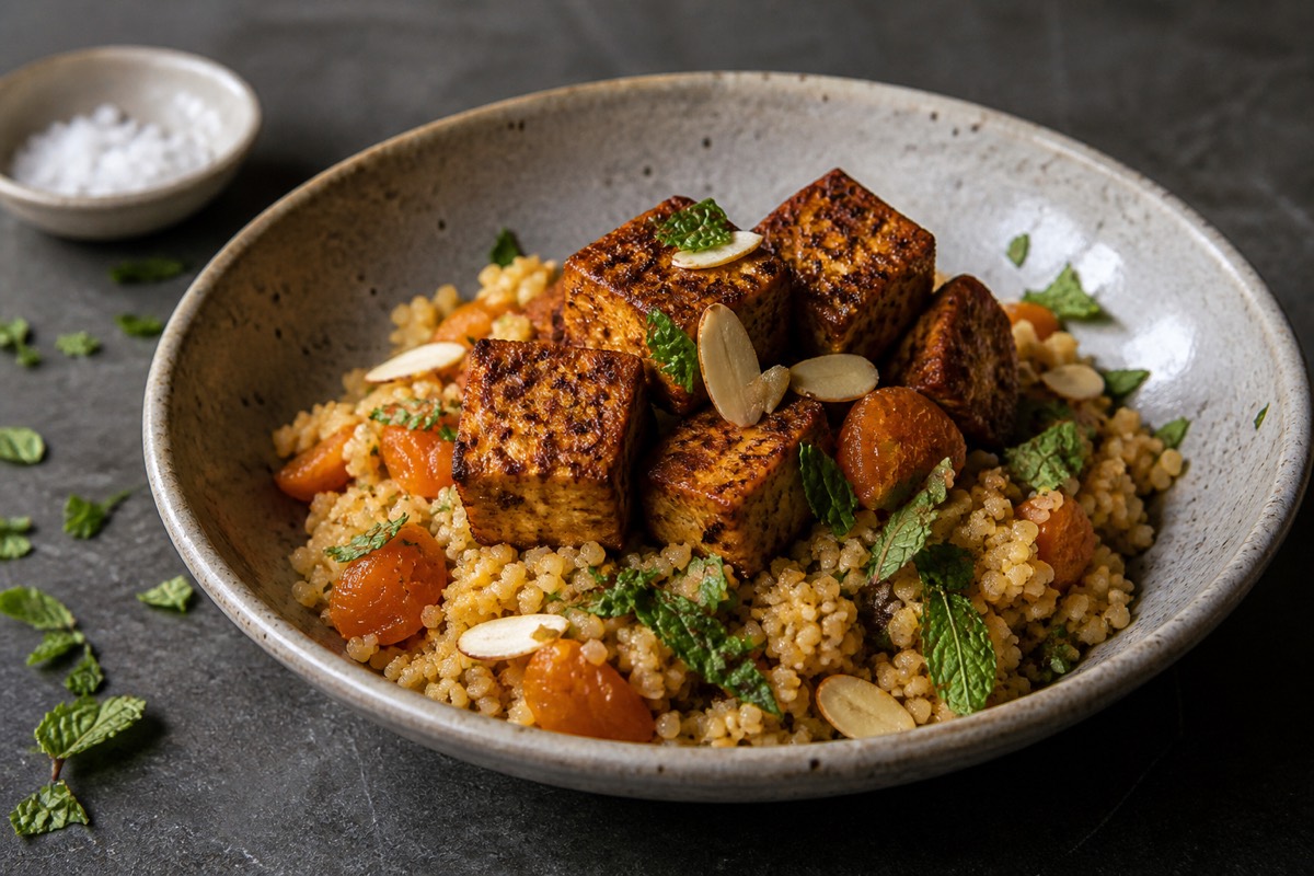 Harissa tofu with apricot wholewheat couscous