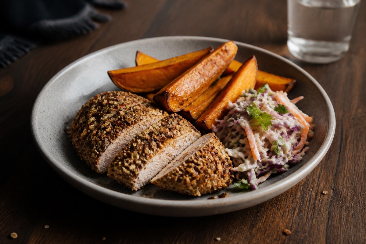 Flax-crusted chicken with slaw & sweet potato wedges