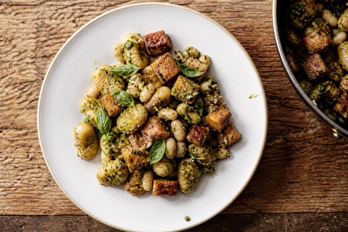 Pesto gnocchi with white beans & crispy tofu
