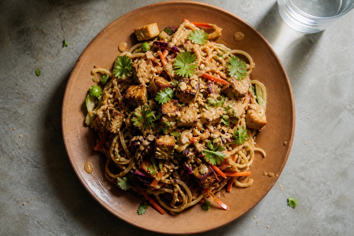 Cold peanut noodle salad with tempeh