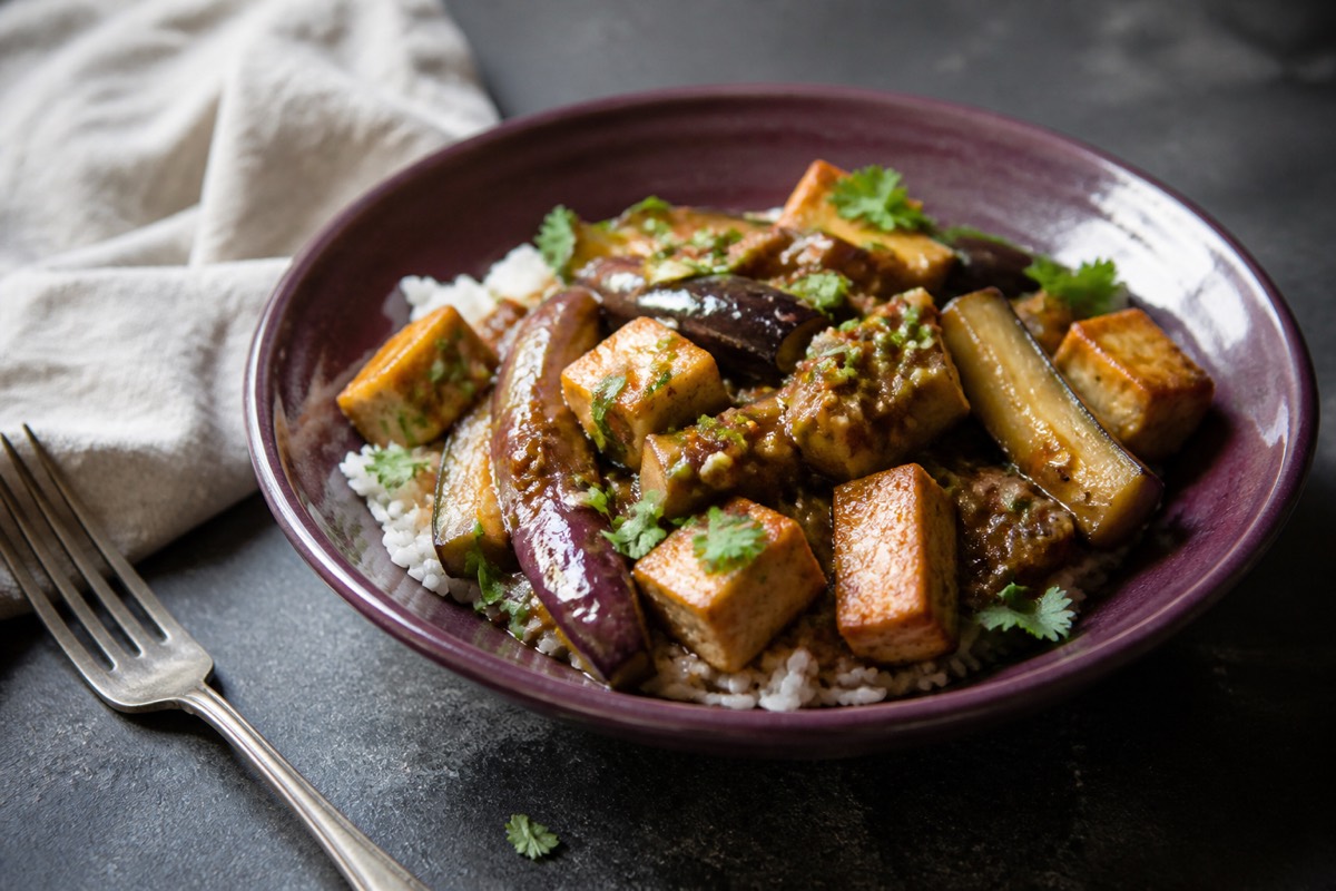 Sichuan-style aubergine & tofu