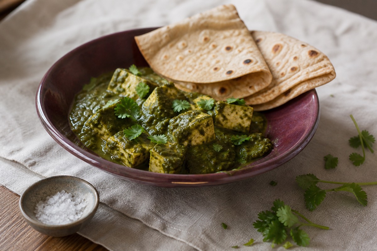 Tofu saag with wholemeal roti