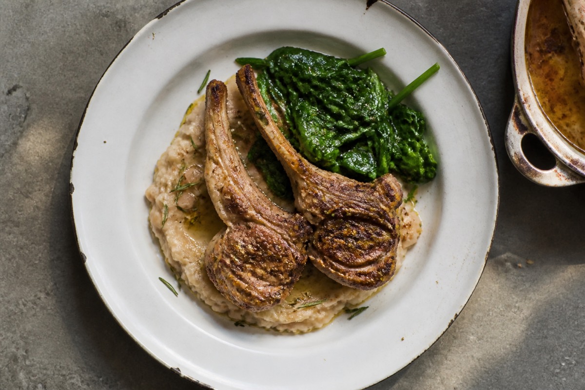 Yogurt-marinated lamb chops with white bean mash