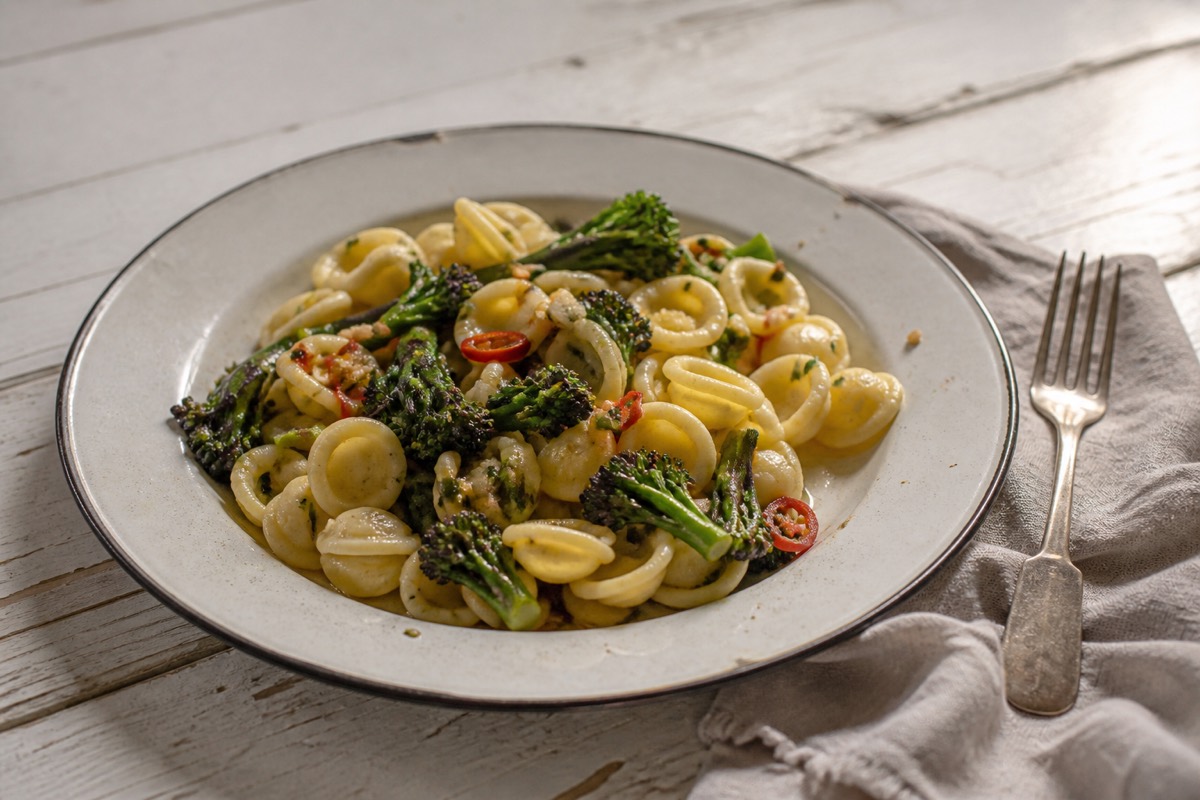 Orecchiette with anchovy, chilli & purple sprouting broccoli