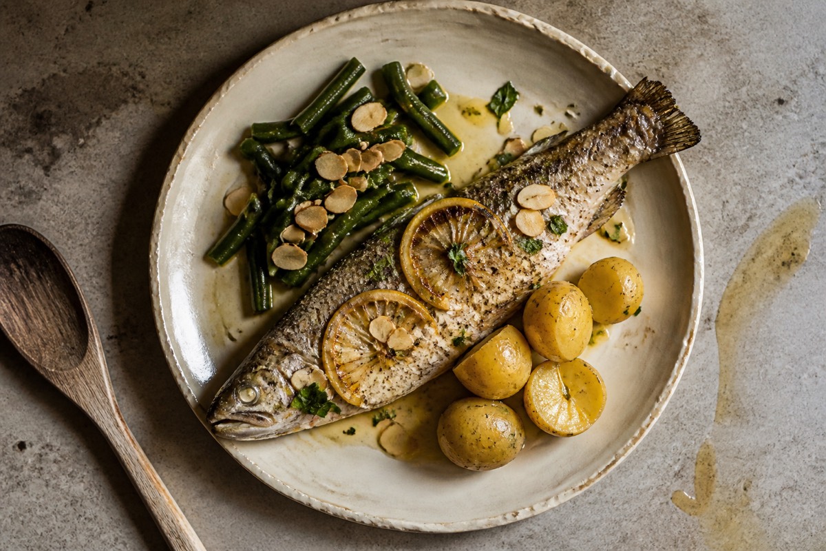 Baked trout with almonds & green beans