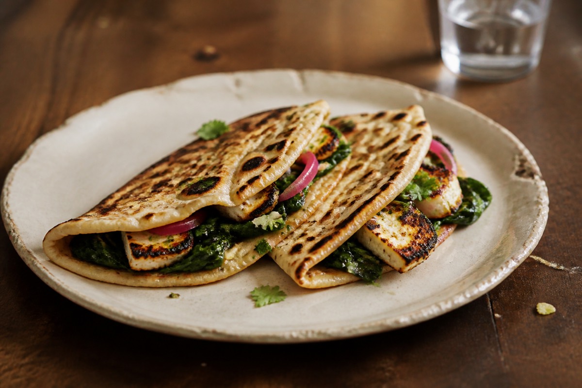Charred paneer & spinach flatbreads