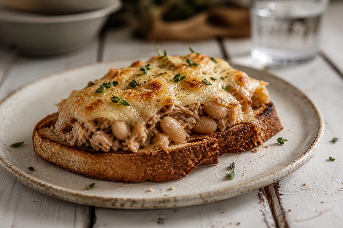 Open white bean tuna melt
