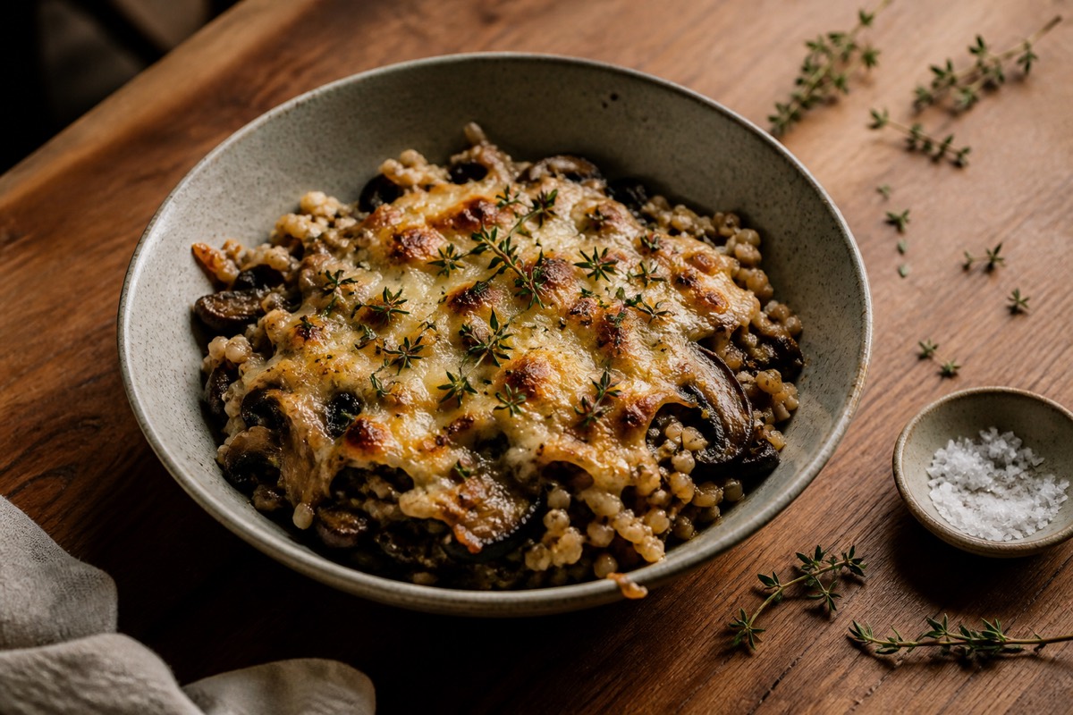 Mushroom & pearl barley gratin