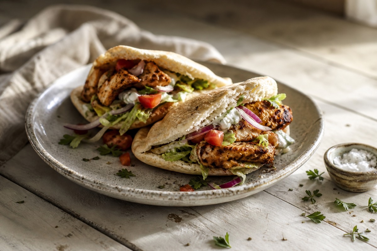 Yogurt shawarma-spiced chicken pittas