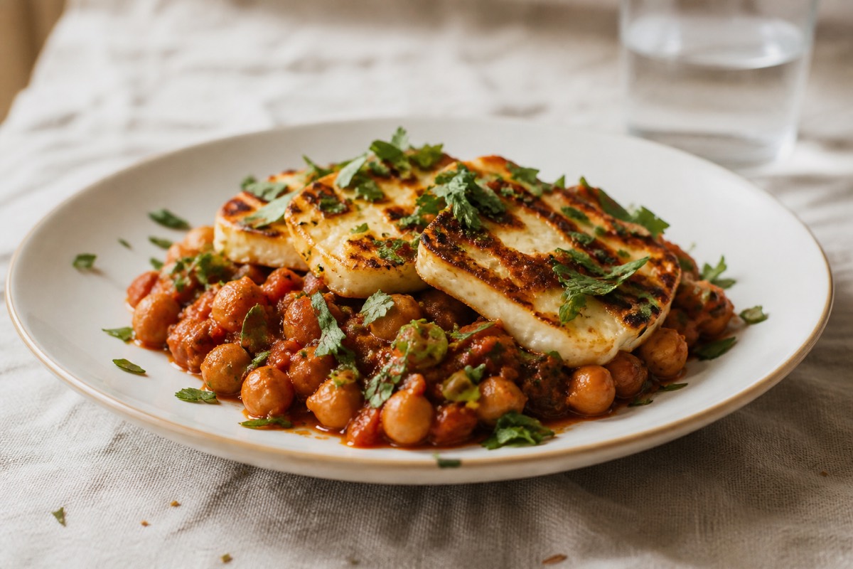 Harissa chickpeas with grilled halloumi
