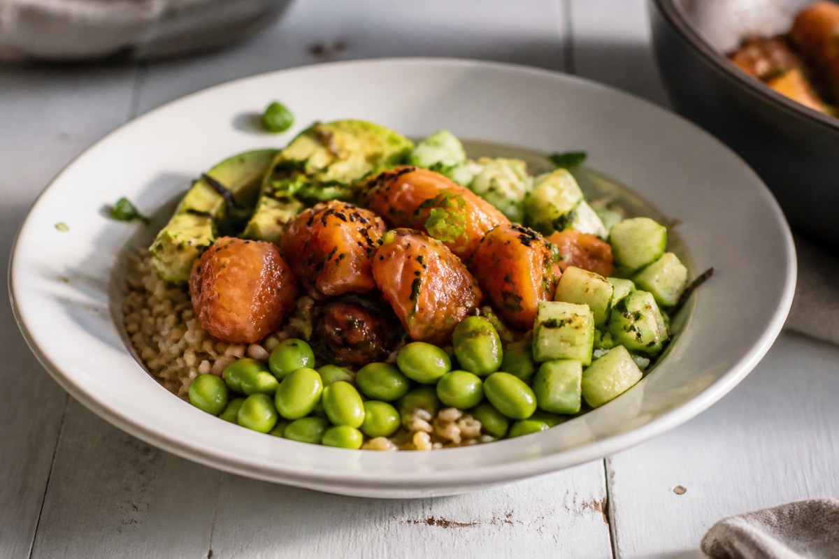 Salmon poke bowl with edamame