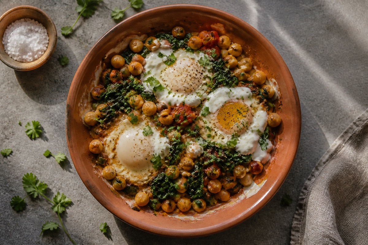 Spiced chickpea & spinach baked eggs