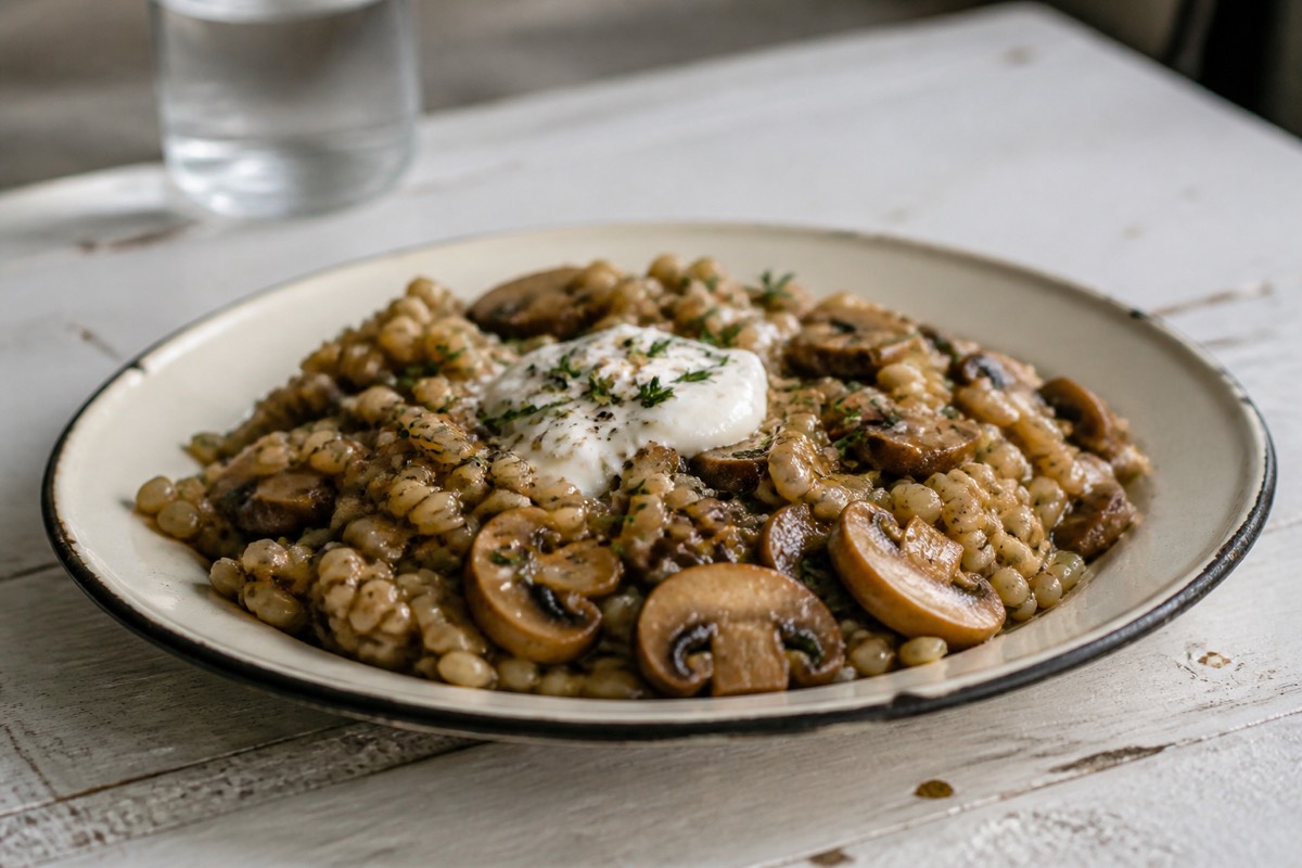Savoury oat risotto with garlic mushrooms