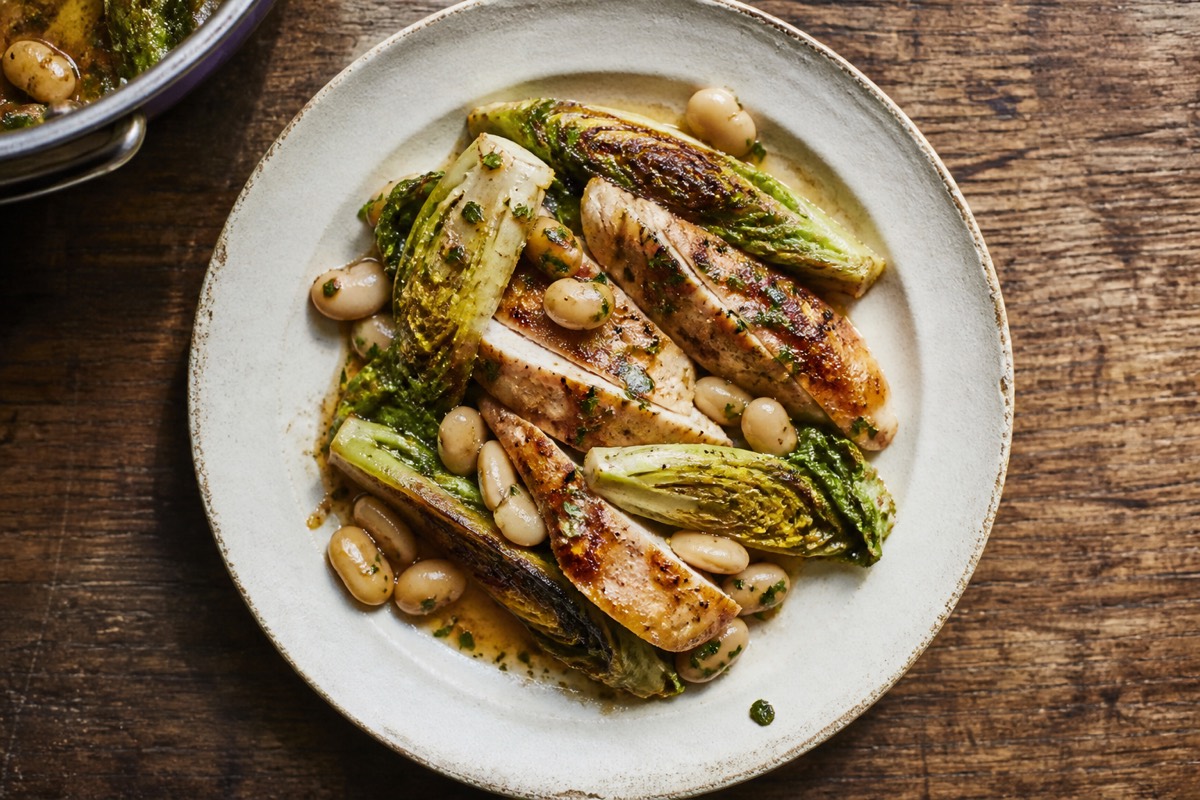 Warm chicken, little gem & butter bean salad