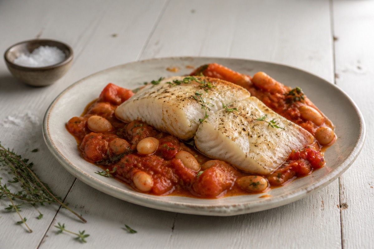 Cod baked over tomatoey white beans