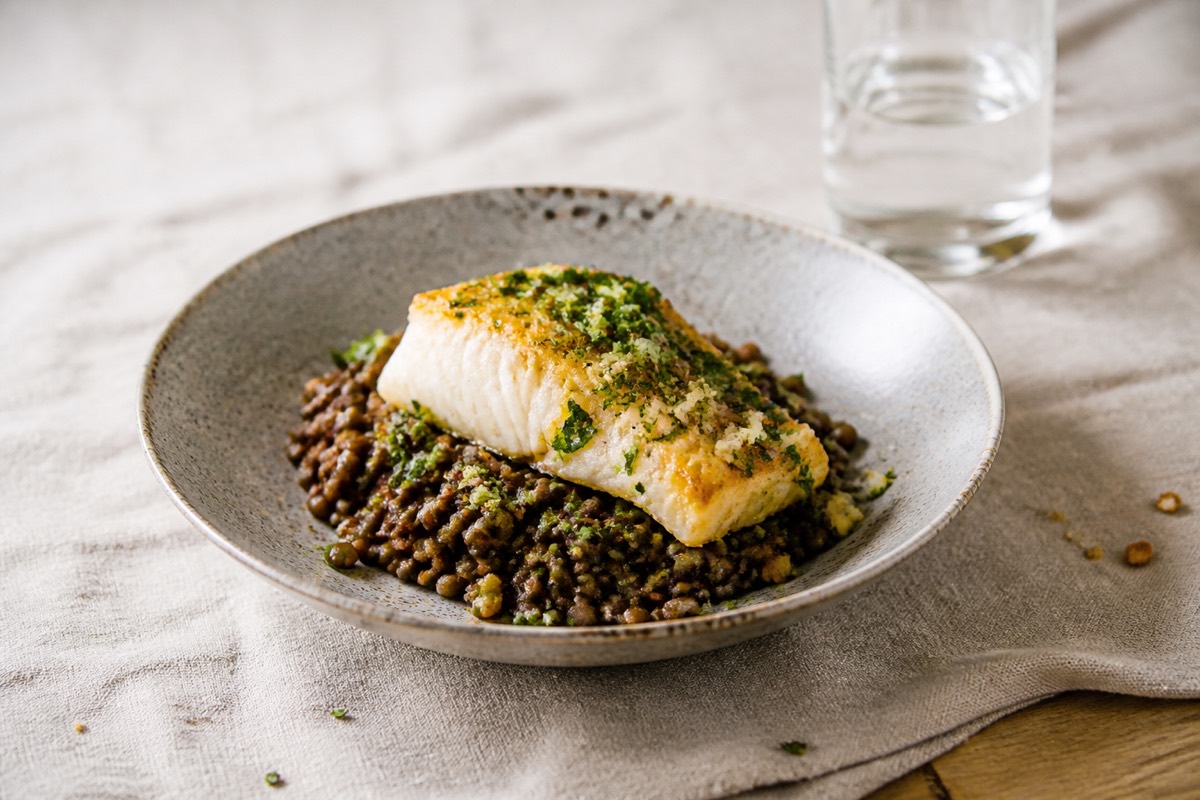 Roast white fish with lentils & gremolata