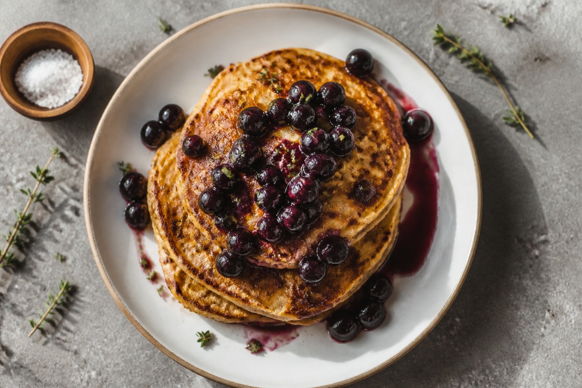Banana oat pancakes with warm blueberries