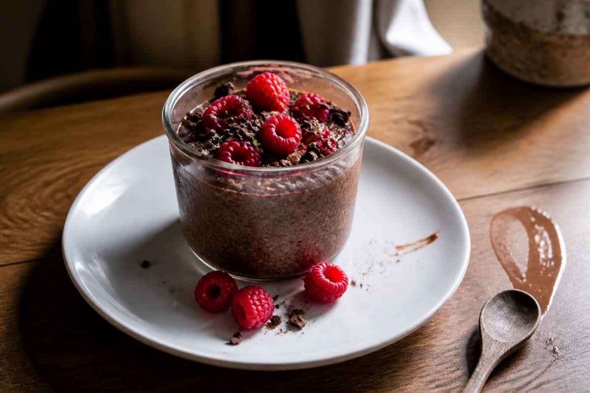 Chocolate chia pots with raspberries