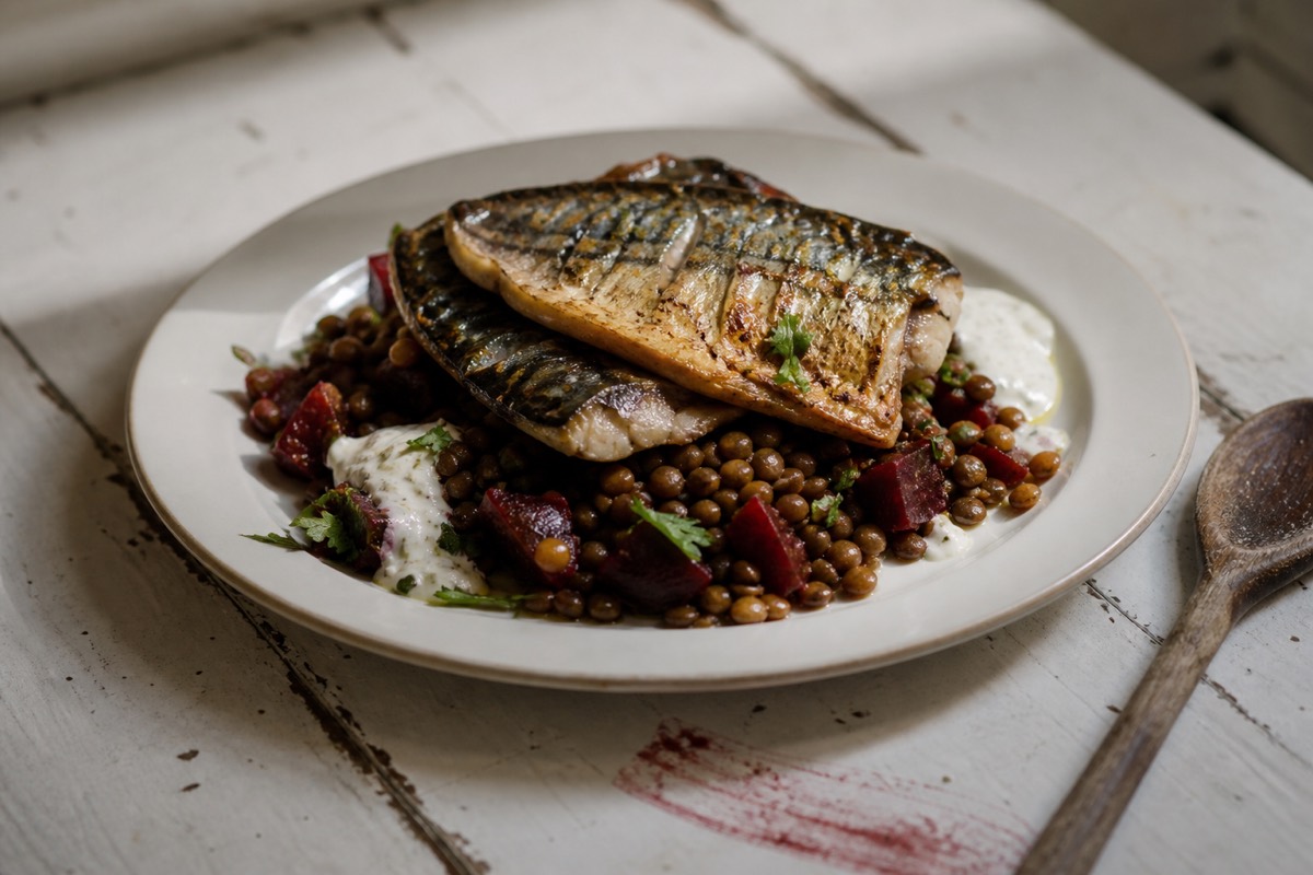 Grilled mackerel with beetroot & lentils