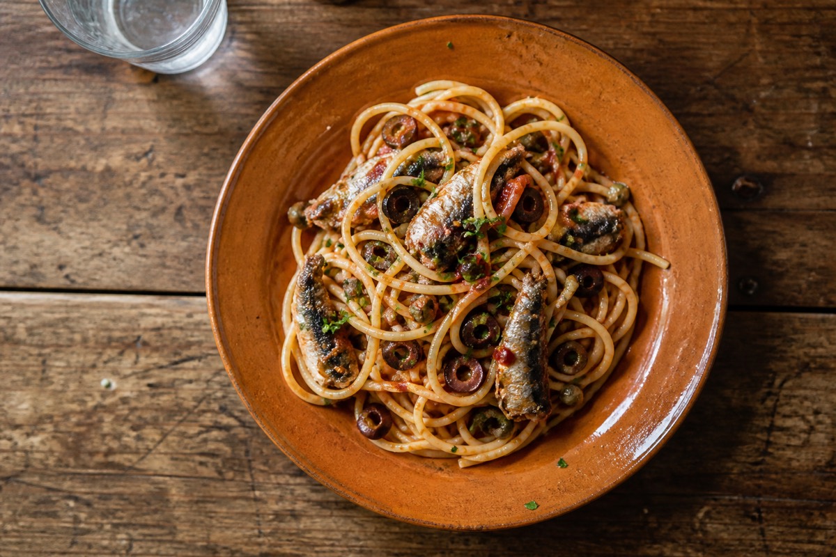 Sardine puttanesca spaghetti