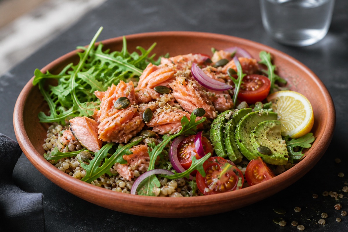 Hot-smoked salmon, avocado & grain bowl
