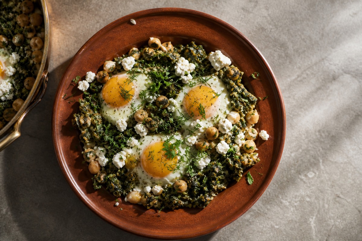 Herby green shakshuka with feta