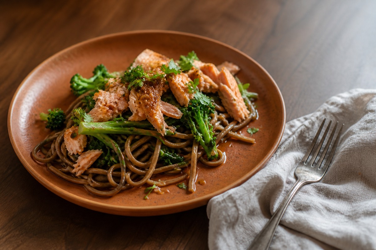 Miso salmon soba with broccoli