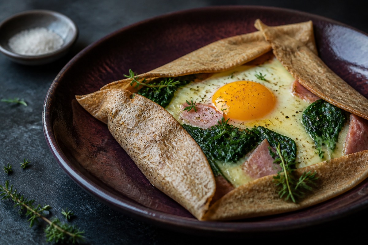 Buckwheat galettes with spinach, egg & Gruyere