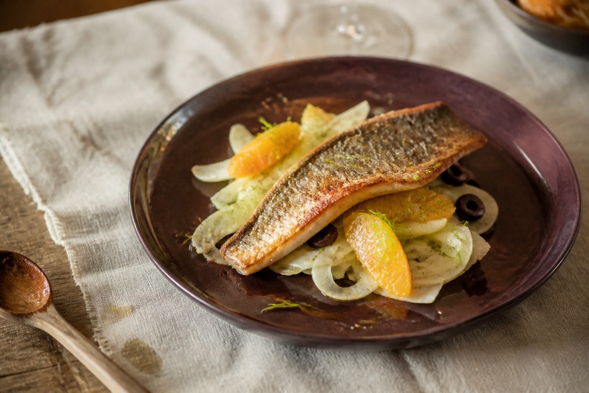 Pan-fried sea bass with fennel & orange salad