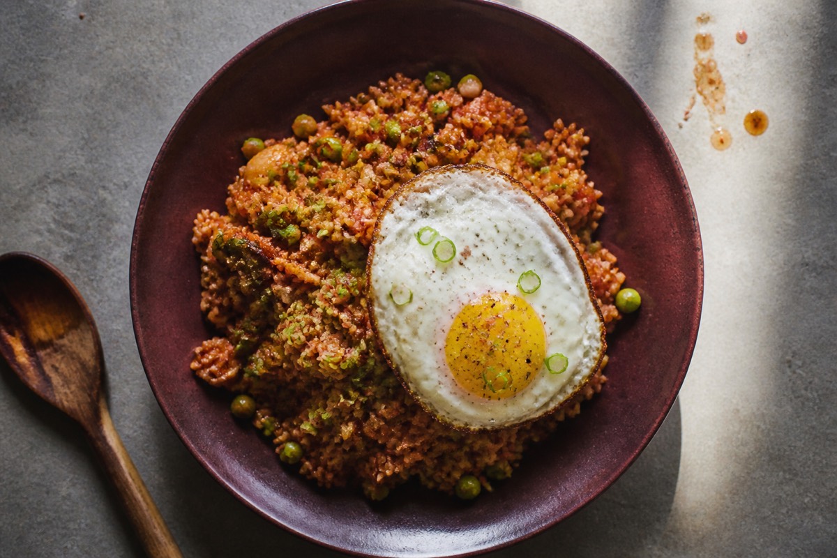 Kimchi fried brown rice with fried egg