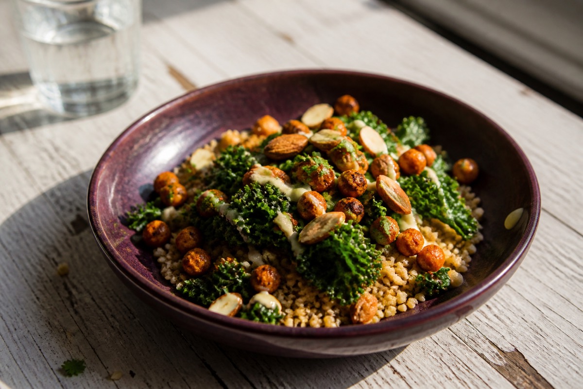 Harissa chickpea and kale bowl with bulgur, almonds and lemon-tahini dressing