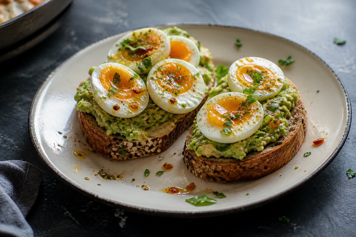 Seeded soda bread with avocado & jammy eggs