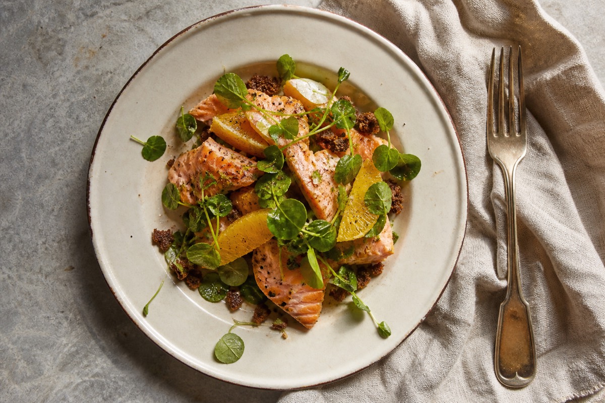 Citrus-cured style salmon & watercress plate