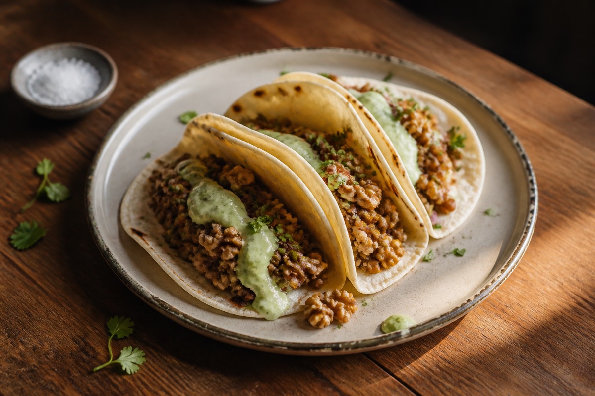 Lentil-walnut tacos with avocado crema