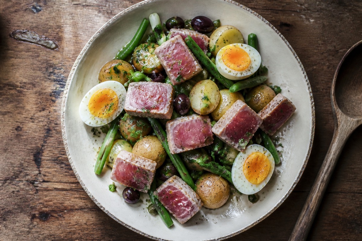 Warm tuna nicoise with jammy eggs