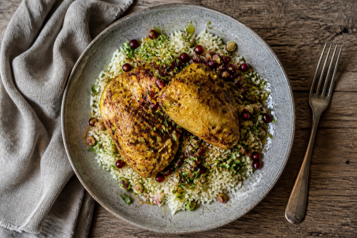 Saffron chicken with jewelled herb rice